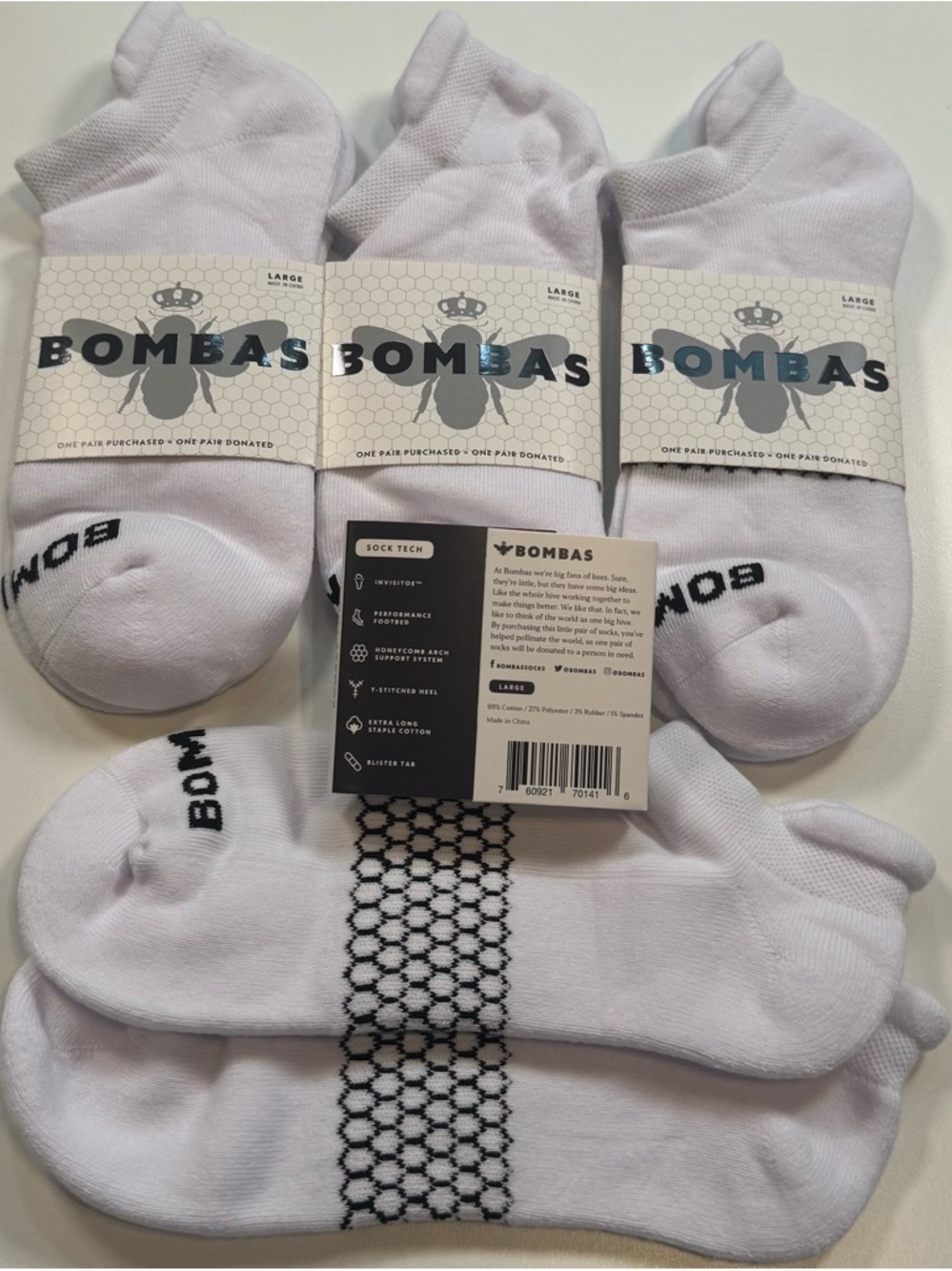 Bombas NWT Unisex Sock Tech 4PR total Color: White Size: Large
